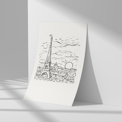 アートポスター、ドローイング、「エッフェル塔とモンマルトルの丘と太陽」見ているだけでほっこり【A-0049】 8枚目の画像