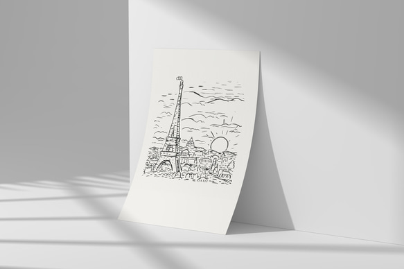 アートポスター、ドローイング、「エッフェル塔とモンマルトルの丘と太陽」見ているだけでほっこり【A-0049】 8枚目の画像