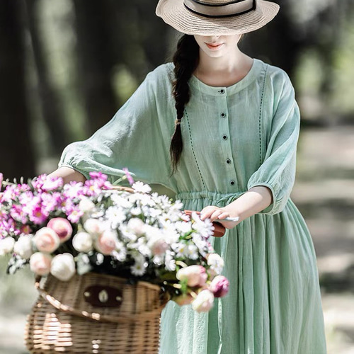 リネン/麻100%】ステッチ ロングワンピース ポケット付き【春夏秋