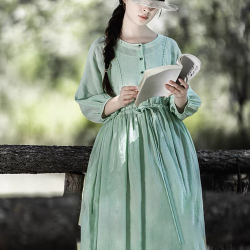 リネン/麻100%】ステッチ ロングワンピース ポケット付き【春夏秋