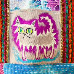 ラリー刺繍 刺し子 手提げバッグ 猫 エスニック 6枚目の画像