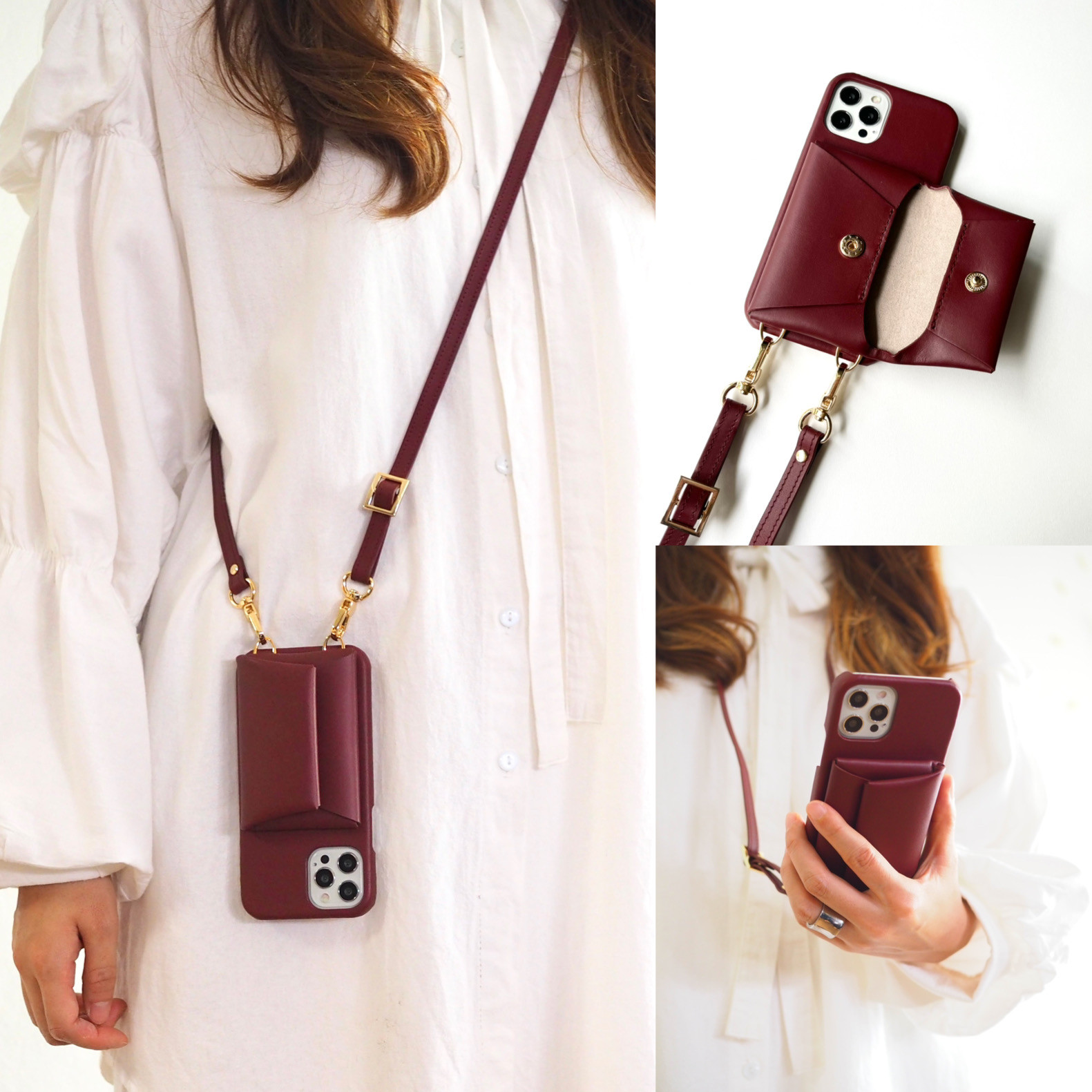 受注製作　スマホショルダー　手ぶら　本革　  名入れ レザーiphoneケース