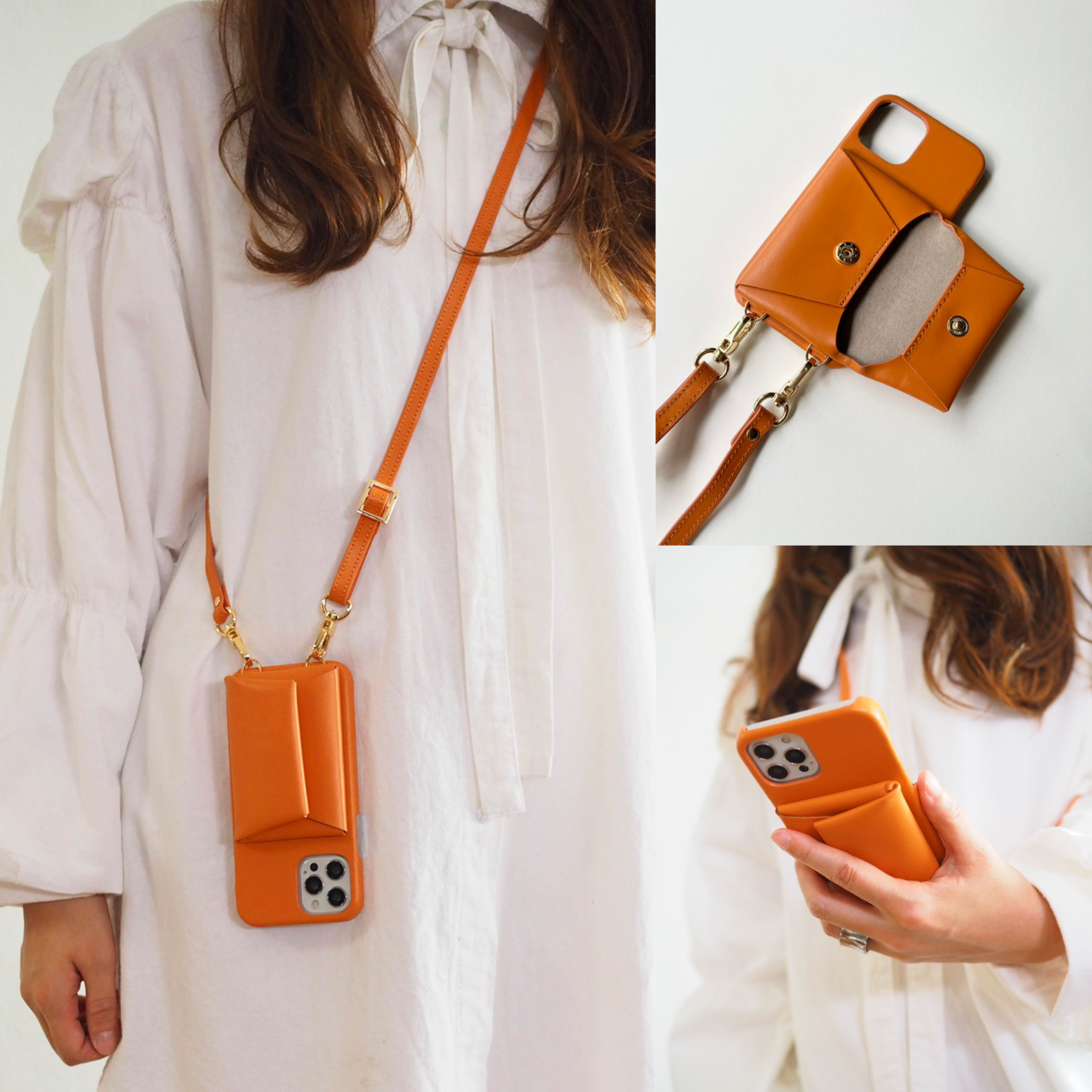 受注製作　スマホショルダー　手ぶら　名入れ可　本革　  名入れ レザーiphoneケース