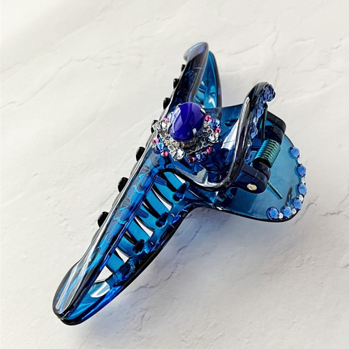 ブルーアゲート＋スワロクリスタル バンスクリップ ヘアクリップ