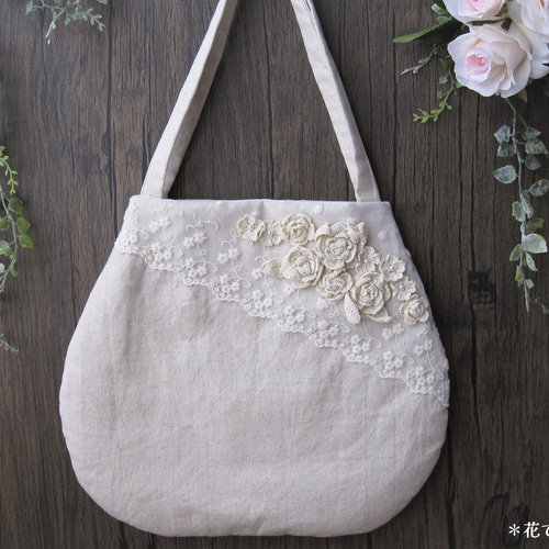 薔薇のクロッシェレース＆コットンリネンのふんわりバッグ トート  