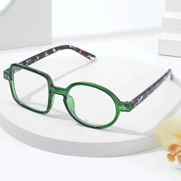 □-○ 丸四角の非対称フレーム｜グリーン｜老眼鏡、だてメガネ、近視用として作成できます 2枚目の画像