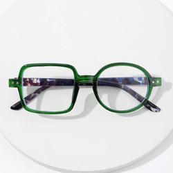 □-○ 丸四角の非対称フレーム｜グリーン｜老眼鏡、だてメガネ、近視用として作成できます 1枚目の画像
