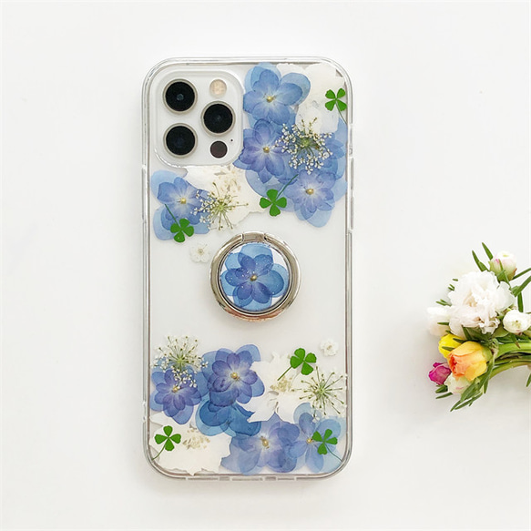 紫陽花とクローバー  iPhone15Pro/SE/Xperia5V/GALAXYS24 押し花ケース 3枚目の画像