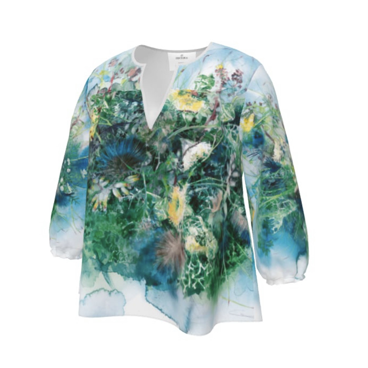 晴れやかブルー2024 XXS~7XL　ターコイズボタニカルの水彩フラワーブラウス