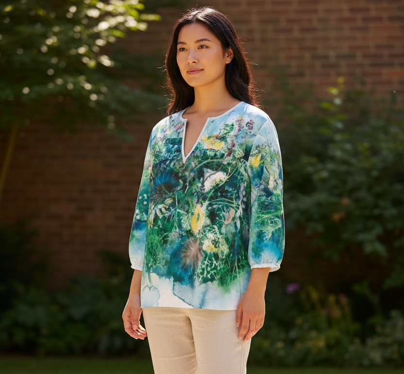 XXS~7XL　ターコイズボタニカルの水彩フラワーブラウス