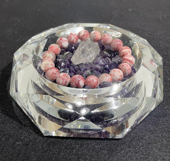 菊花水晶No.2485 台座セット♡浄化力強 水晶浄化皿セット 八角浄化