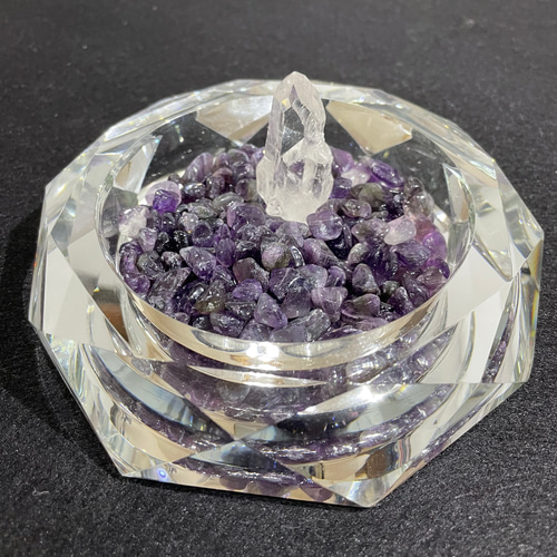 アメジスト小皿♡台座2点セット♡No.2038 水晶浄化皿セット 八角浄化皿（溶解水晶）・アメジストさざれ