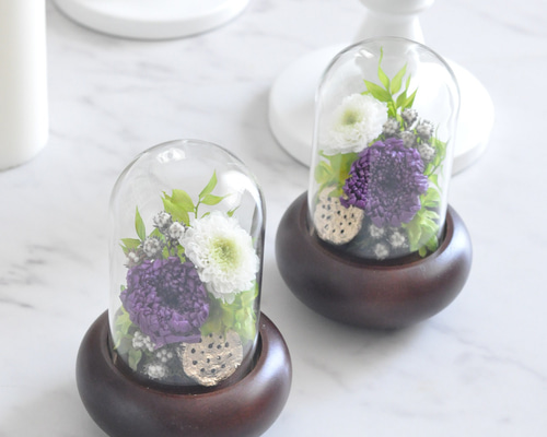 早割！お彼岸 プリザーブドフラワー ガラスケース対 輪菊 蓮&タッセル ＊仏花 アートフォーシーズン 仏花 ○（茶系）ミニ輪菊glass 対デザイン2個