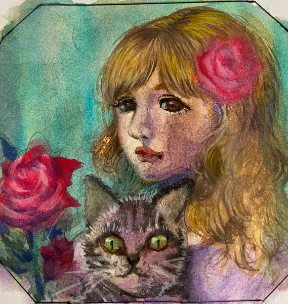 原画 水彩画 桜と猫 めづらい 原画 水彩画 桜と猫 めづらい