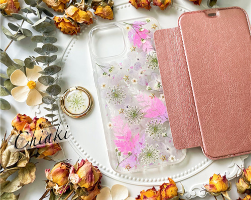 紫陽花手帳型押し花スマホケース、iPhone全機種対応、Galaxy