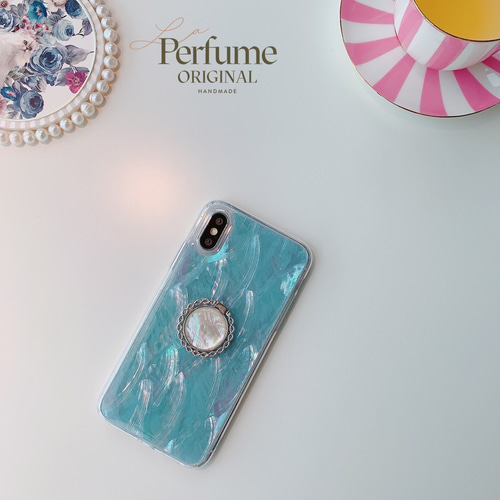 出産祝いなども豊富 天然シェル キラキラ✨ブルー 青色 貝殻 オリジナル iPhoneアクセサリー