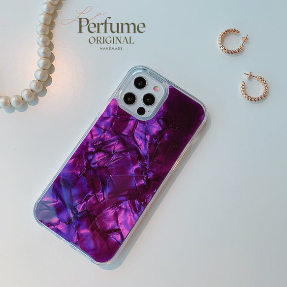 キラキラ天然シェル♡パープル✨紫色 オリジナル iPhoneケース 貝殻 手作り キラキラ天然シェル✨パープル 紫色 貝殻 オリジナル スマホケース