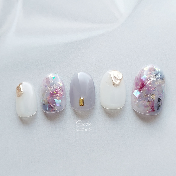 No.102 ジェルネイル ネイルチップ ホワイト パープル ニュアンス  