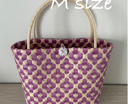 プラカゴ 花柄 Mサイズ パープルxベージュ バスケット エコバッグ かご