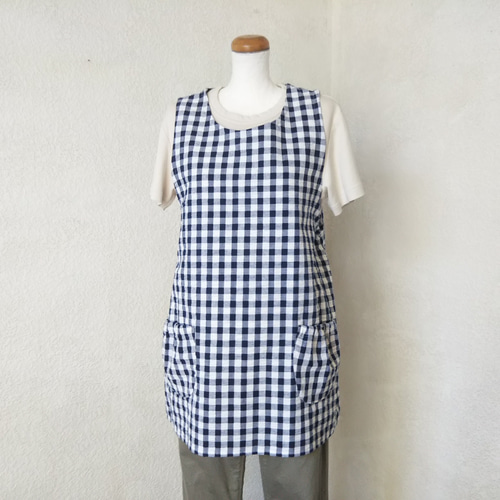 チュニック型エプロン(チェック柄/ネイビー)Mサイズ『Creema限定