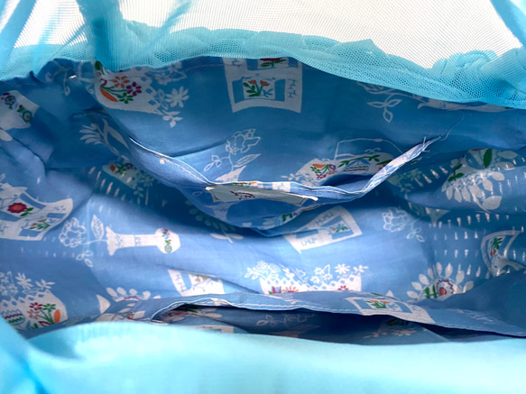 フラワーコラージュミニカゴバッグ　ブルー　花　ミニ　かごバッグ　バスケット　水色　ターコイズ 5枚目の画像