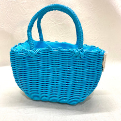 フラワーコラージュミニカゴバッグ　ブルー　花　ミニ　かごバッグ　バスケット　水色　ターコイズ 2枚目の画像