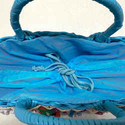 フラワーコラージュミニカゴバッグ　ブルー　花　ミニ　かごバッグ　バスケット　水色　ターコイズ 4枚目の画像