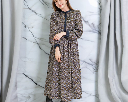 ヴィンテージサテン ワンピース バロック アラベスク柄 バイカラー