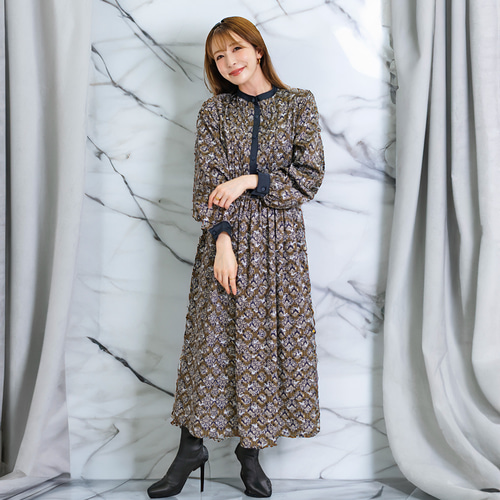 ヴィンテージサテン ワンピース バロック アラベスク柄 バイカラー