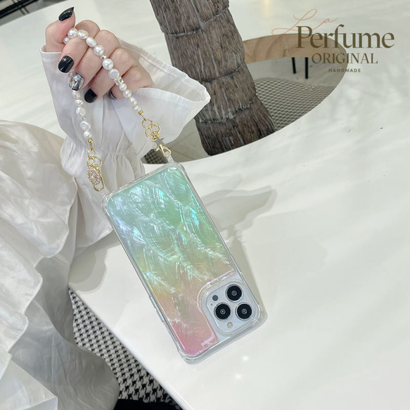 天然シェル♡キラキラ✨ビタミンカラー♡天然パールチェーン iPhoneケース キラキラ天然シェル✨ ビタミン系カラー 大粒パールチェーン付き
