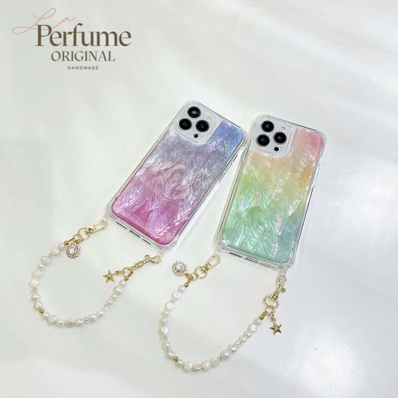 キラキラ天然シェル✨パープルブルー系カラー チャーム天然パールチェーン付き カラフル スマホケース 夏 海【受注生産】