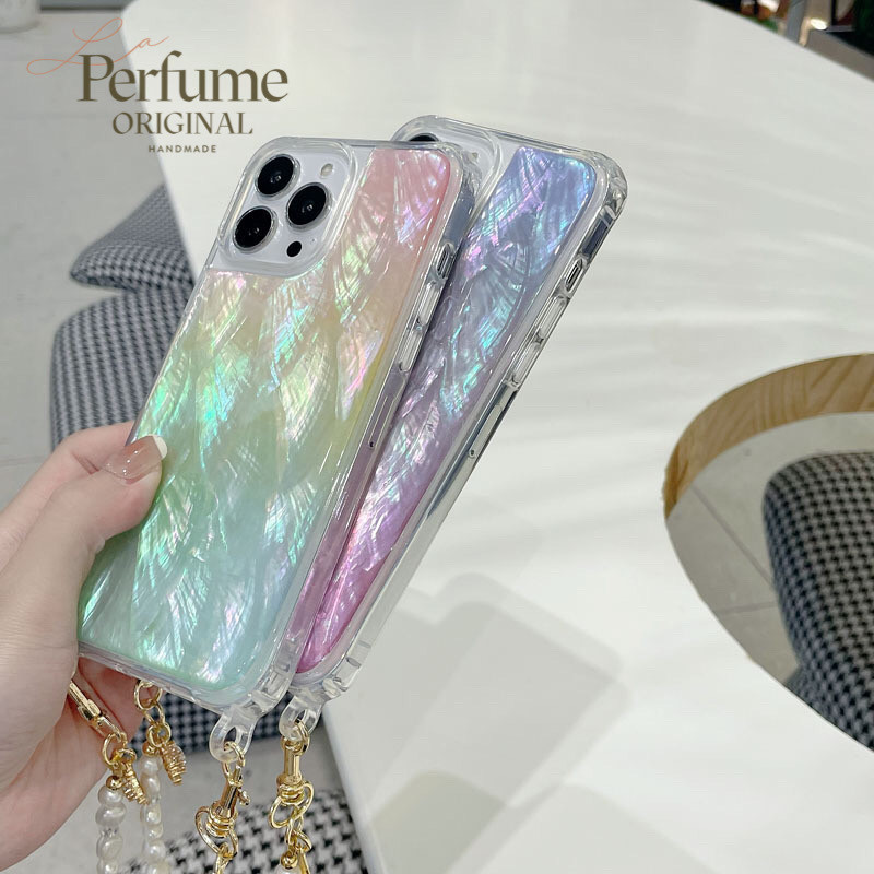 キラキラ天然シェル✨パープルブルー系カラー チャーム天然パールチェーン付き カラフル スマホケース 夏 海【受注生産】