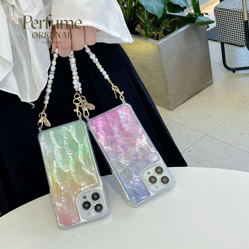 キラキラ天然シェル✨パープルブルー系カラー チャーム天然パールチェーン付き カラフル スマホケース 夏 海【受注生産】