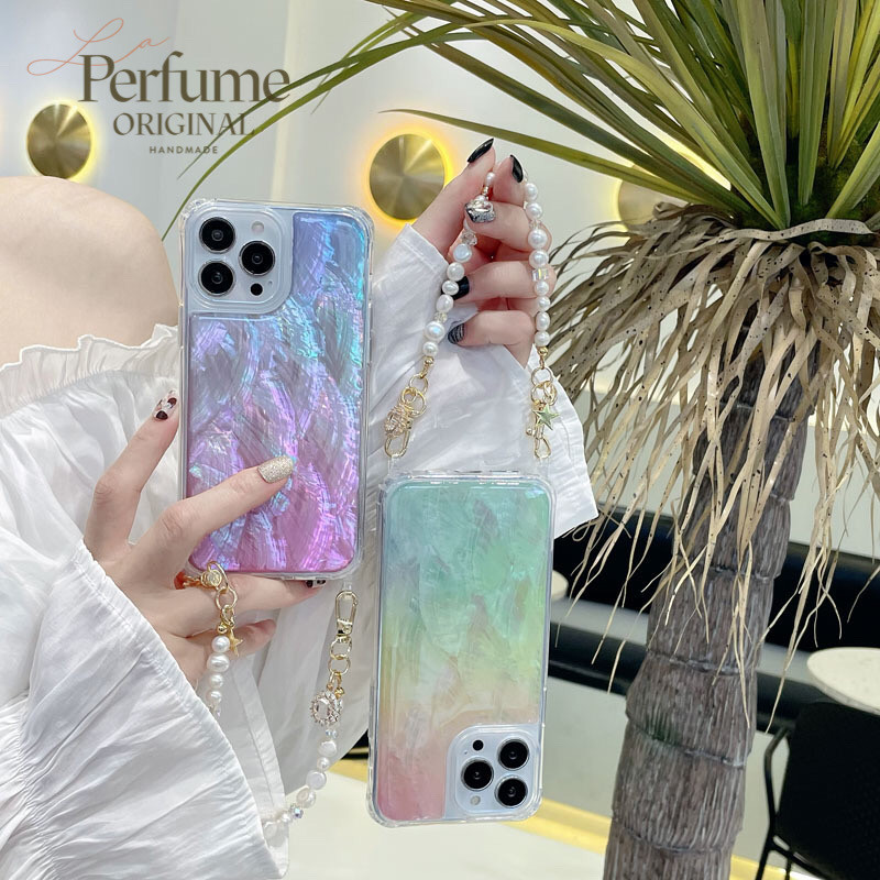 キラキラ天然シェル✨パープルブルー系カラー チャーム天然パールチェーン付き カラフル スマホケース 夏 海【受注生産】