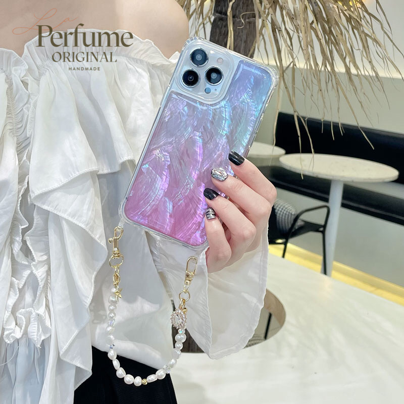 キラキラ天然シェル✨パープルブルー系カラー チャーム天然パールチェーン付き カラフル スマホケース 夏 海【受注生産】