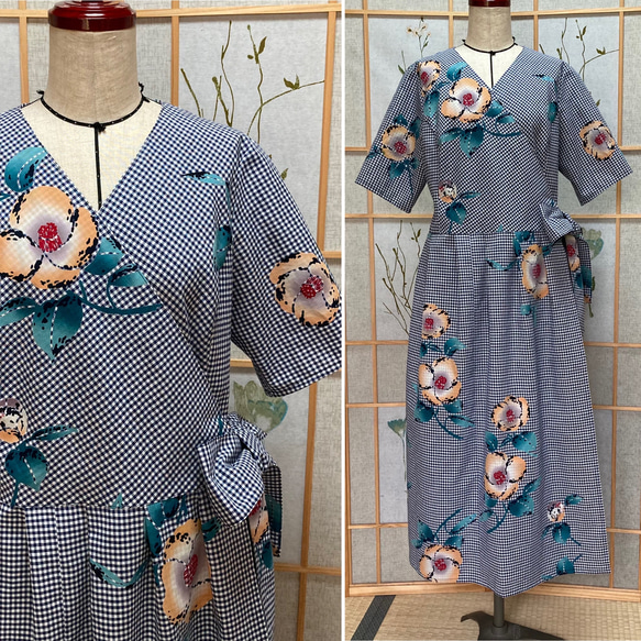 ☆浴衣リメイク☆カシュクールワンピース(半袖/ギンガムチェック／夏椿