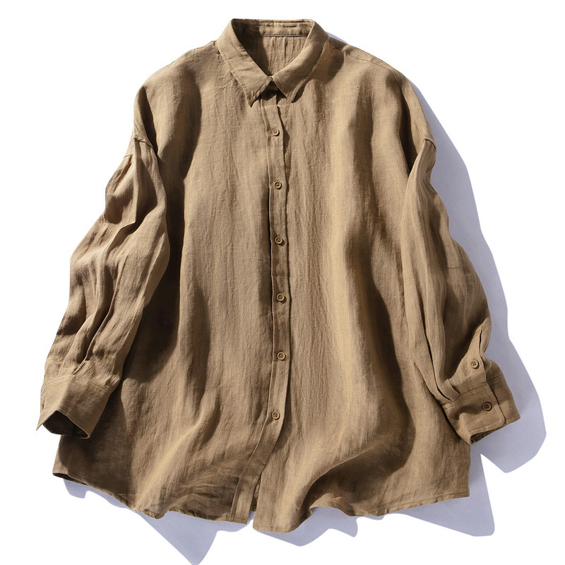 長袖リネンシャツ　ゆとりリネンシャツ　カーキS&M＃L051