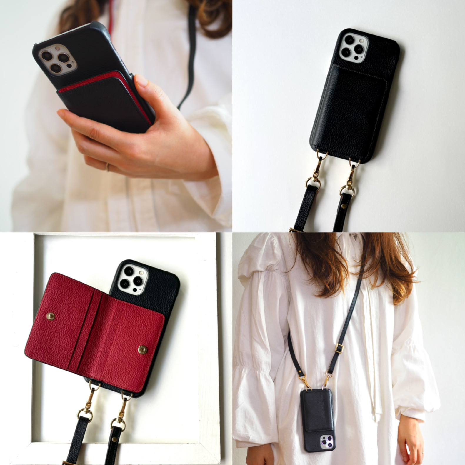 #3 名入れ可｜バイカラー本革iPhoneショルダーケース（背面収納　スマホショルダー）Black+Red