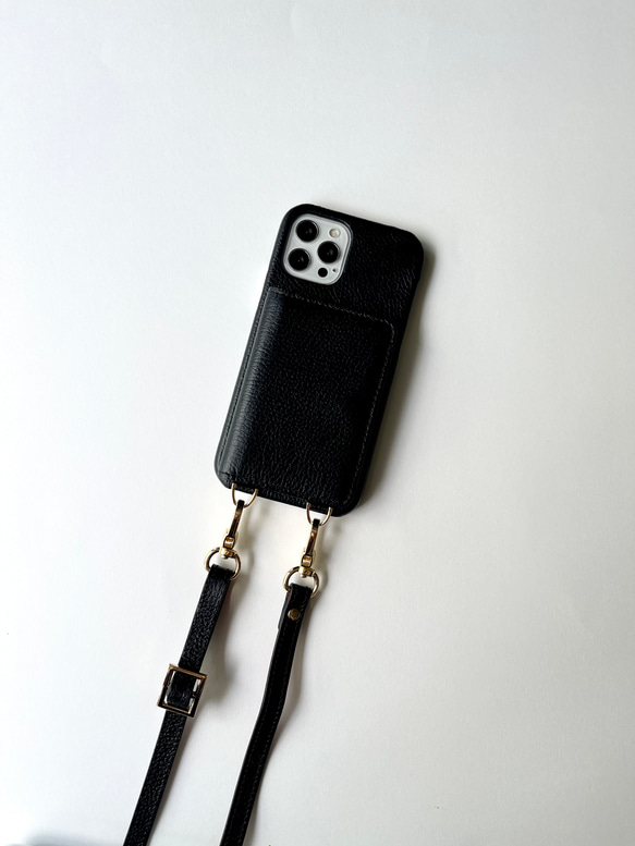 #3 名入れ可｜バイカラー本革iPhoneショルダーケース（背面収納　スマホショルダー）Black+Greige 3枚目の画像