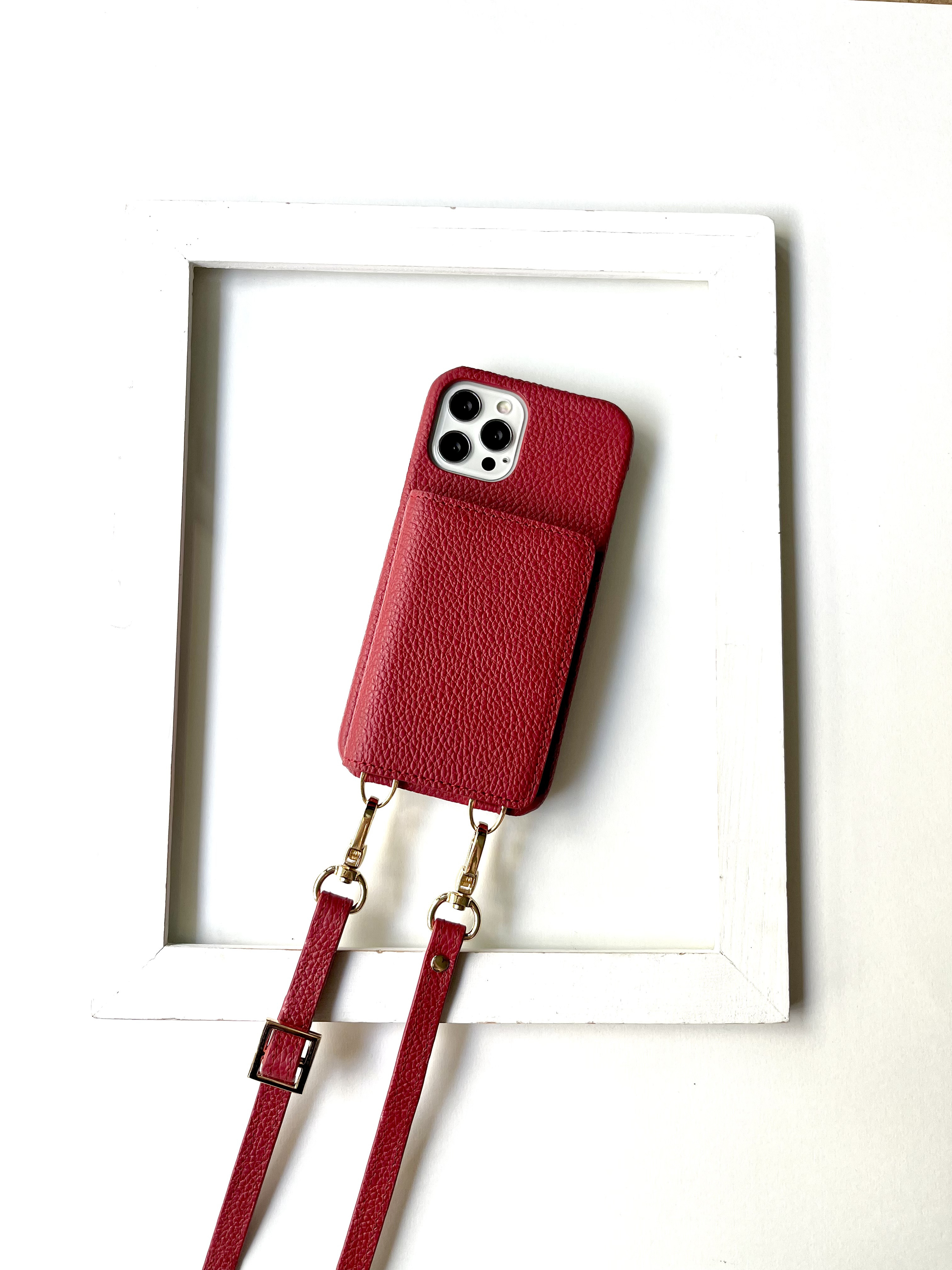 #3 名入れ可｜本革iPhoneショルダーケース（背面収納　スマホショルダー）RED