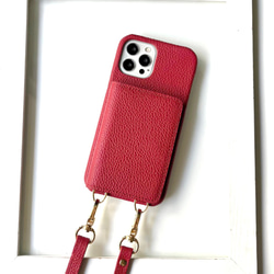 #3 名入れ可｜本革iPhoneショルダーケース（背面収納　スマホショルダー）RED 4枚目の画像