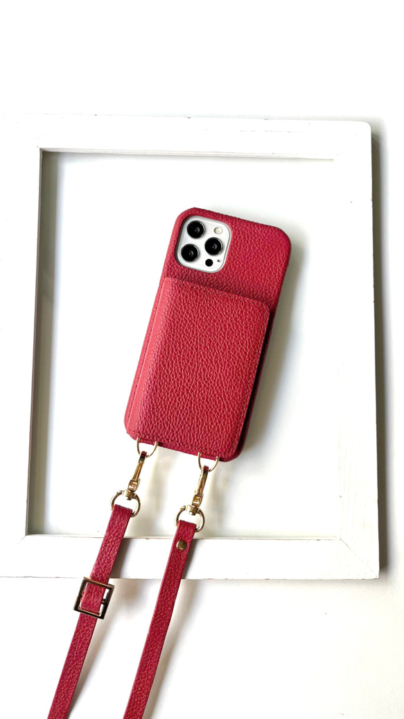 #3 名入れ可｜本革iPhoneショルダーケース（背面収納　スマホショルダー）RED 4枚目の画像
