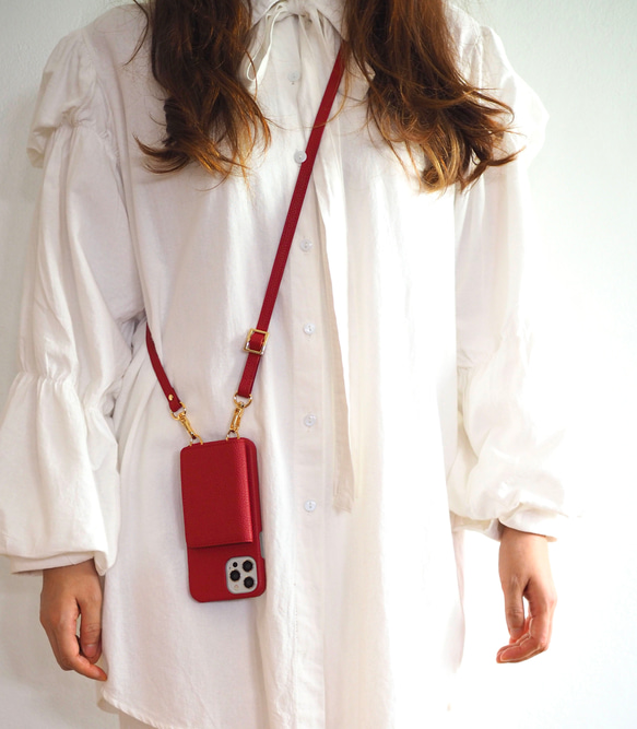 #3 名入れ可｜本革iPhoneショルダーケース（背面収納　スマホショルダー）RED 5枚目の画像