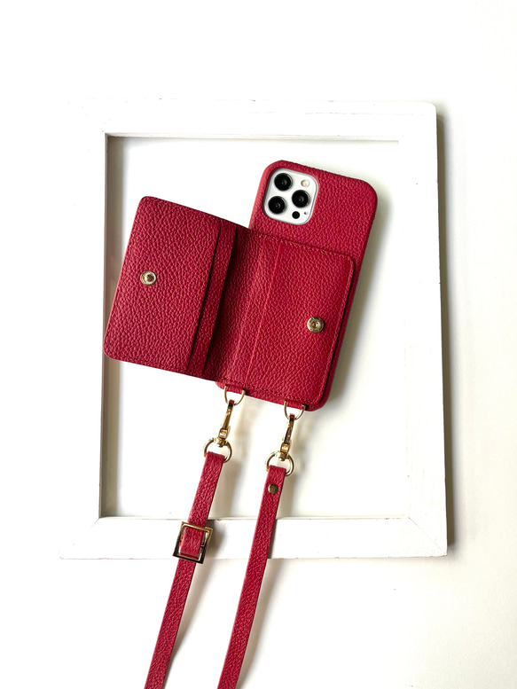 #3 名入れ可｜本革iPhoneショルダーケース（背面収納　スマホショルダー）RED 3枚目の画像