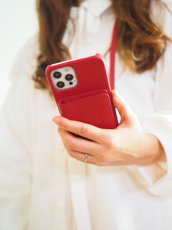 #3 名入れ可｜本革iPhoneショルダーケース（背面収納　スマホショルダー）RED 2枚目の画像