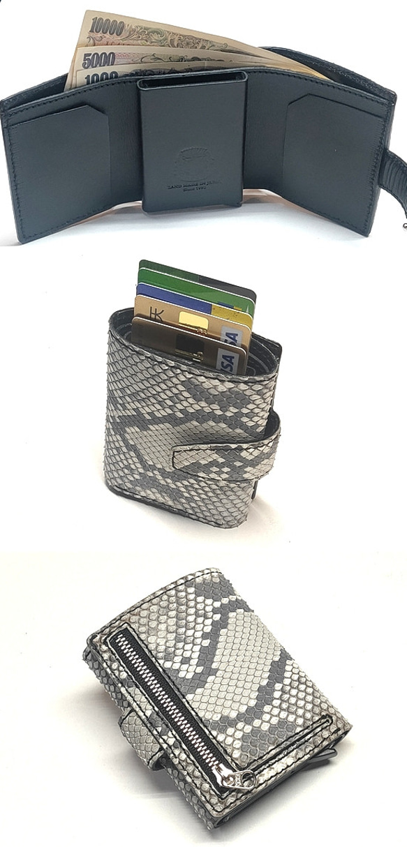 カードスロット付き3つ折り財布 ダイヤモンドパイソン ミニウォレット パイソン/マット白黒 5枚目の画像