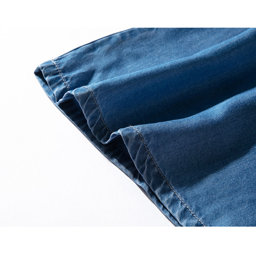 テンセルデニムワンピース 半袖ワンピース ウエストに紐 デニムシャツ