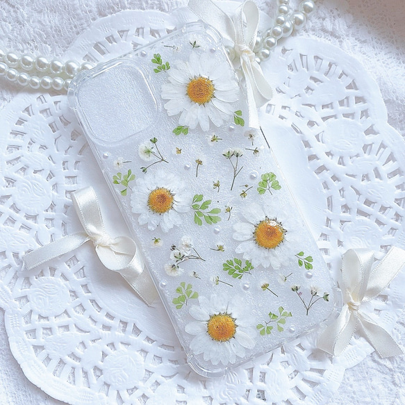 全機種♡早発送♡送料無料♡クリアホワイト押し花のスマホケース♡iPhone GALAXY Android huawei 1枚目の画像