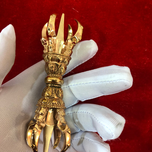 チベット密教法具　練物　金彩　五鈷杵　V　9979 チベット仏教法器 大五鈷杵 金剛杵 真鍮製 vajra 密教法具 24cm その他