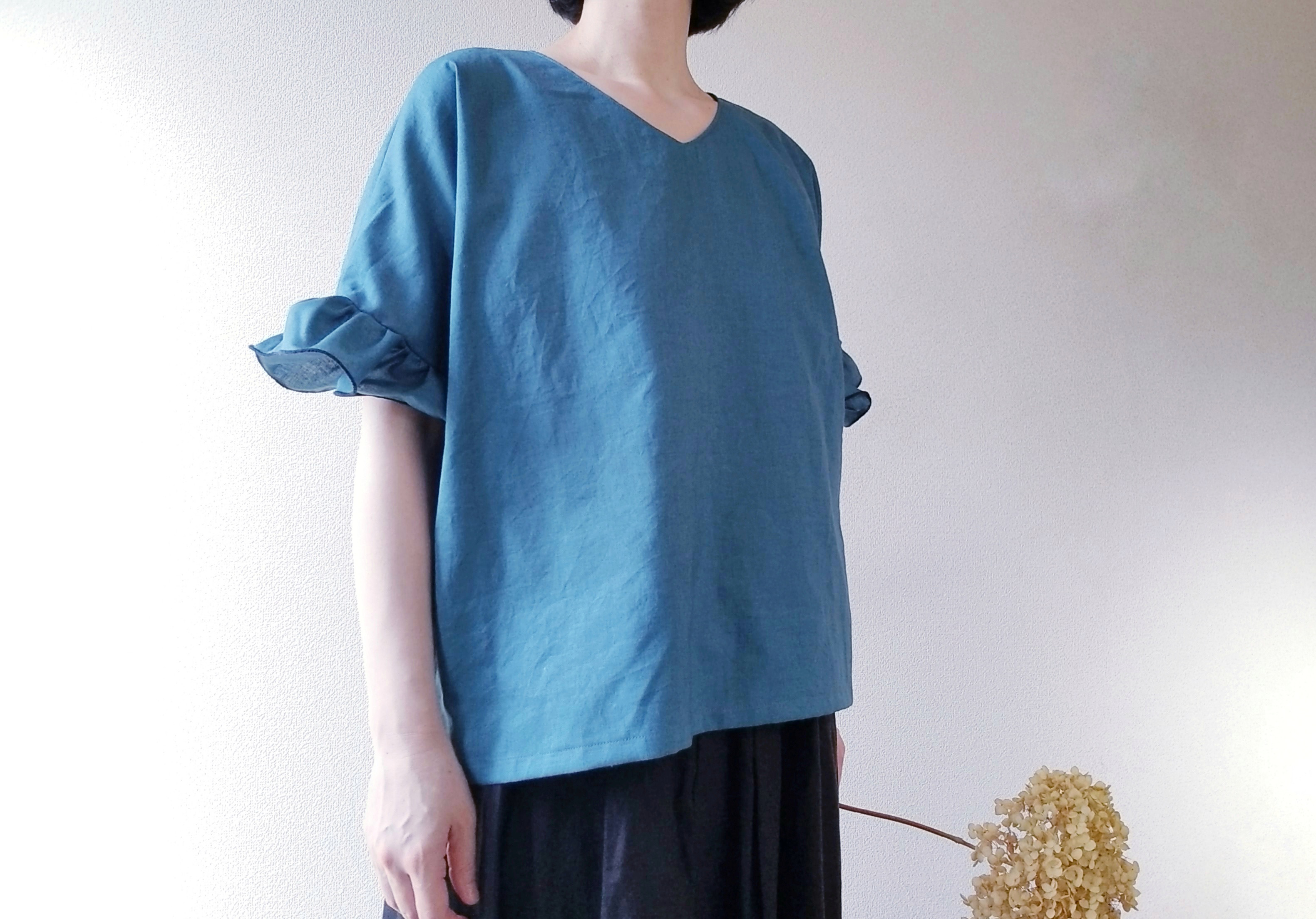 【風が通る服】限定一着！ヒラヒラ袖でほっそり華奢みえ♡着回せるハーフリネンのプルオーバー 薄花色　冷感